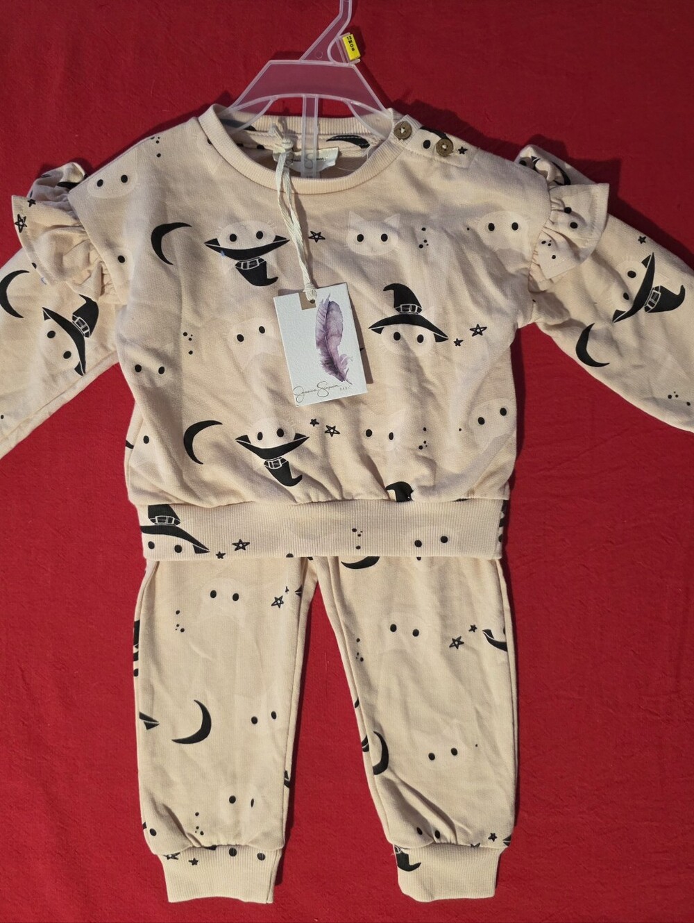 Jessica Simpson Baby Pink Top And Matching Pants with Black Witch Hat Cat Print